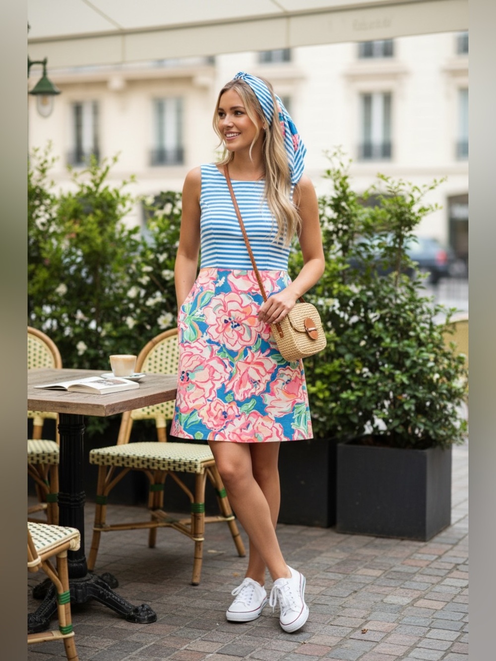 Lily Pulitzer XS Blue Stripe Pink Floral Shift Dress Matching Scarf Resort Prepp